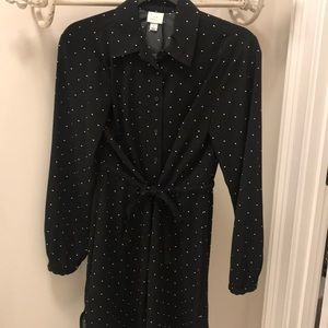 Black and white polka dot cinched waist tie dress
